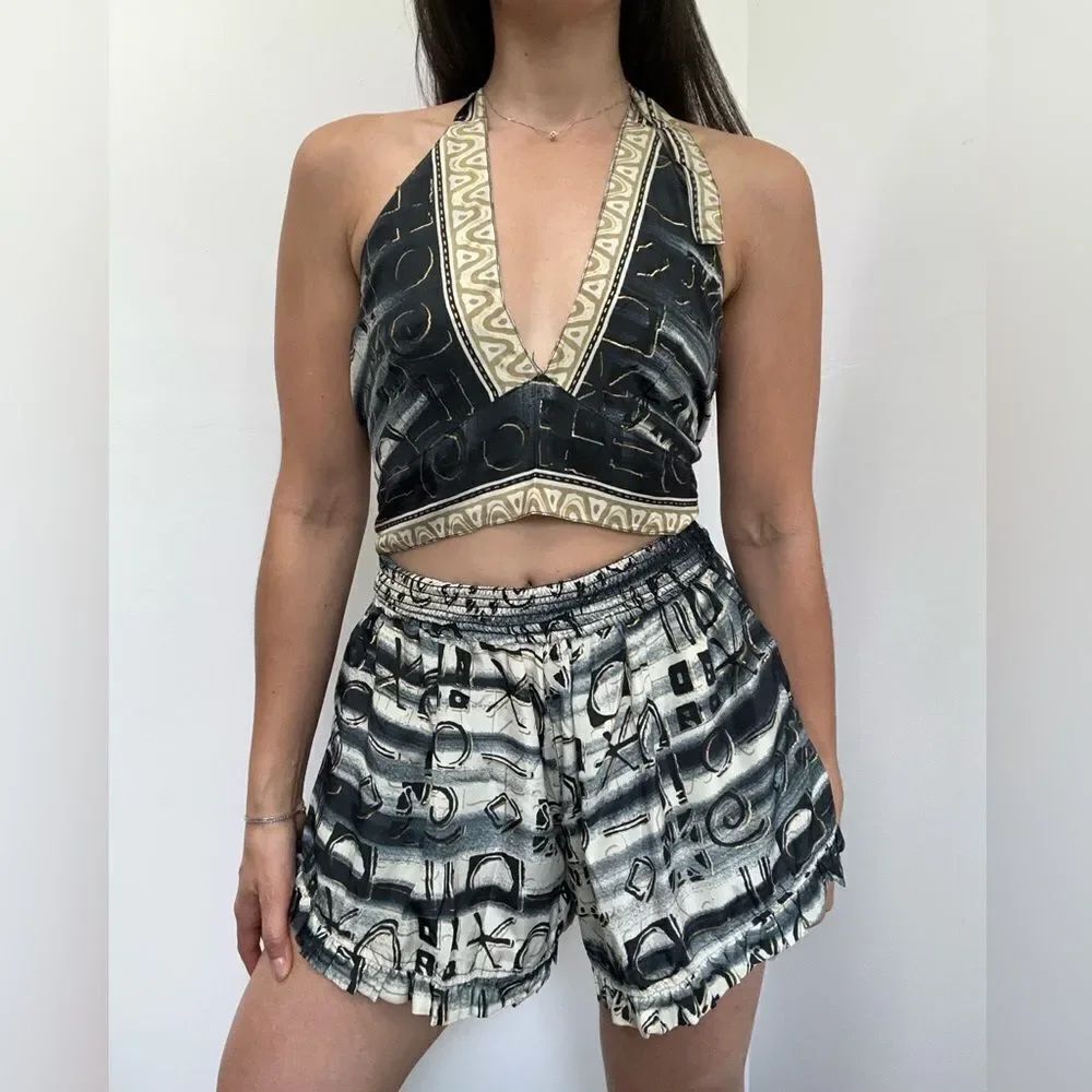 Black Silk Two Piece Halter Top & Short Set Handmade Indian Tribal Print Size S
